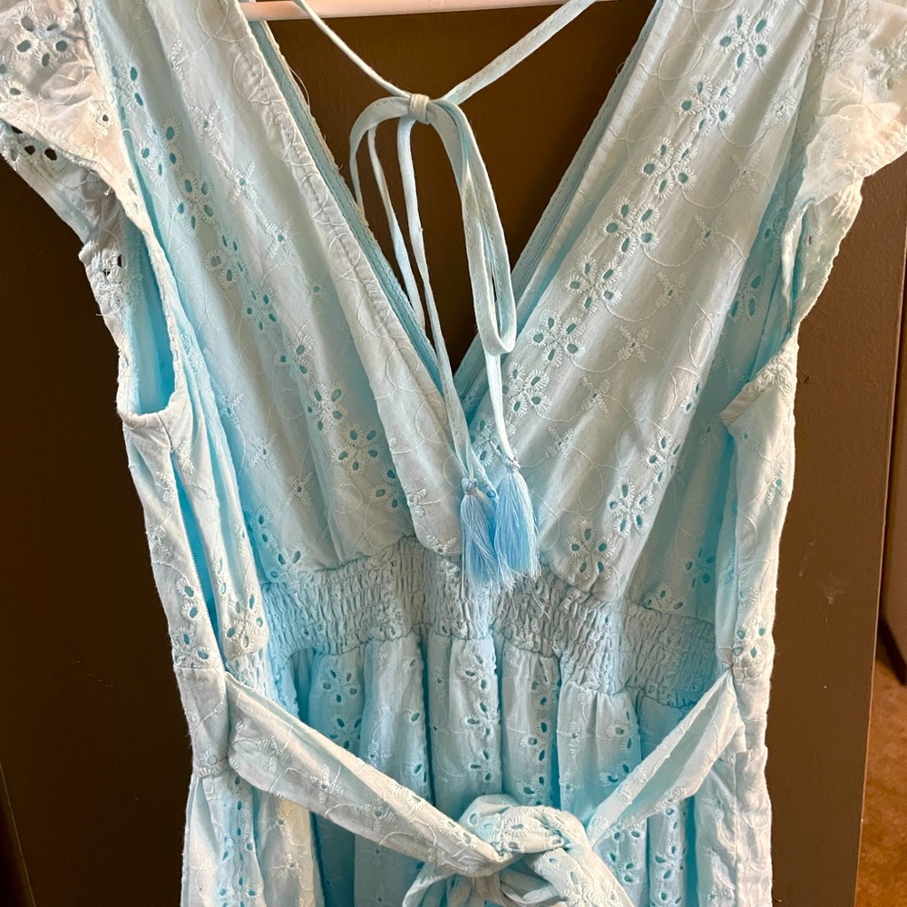 Blue eyelet midi dress with back ties